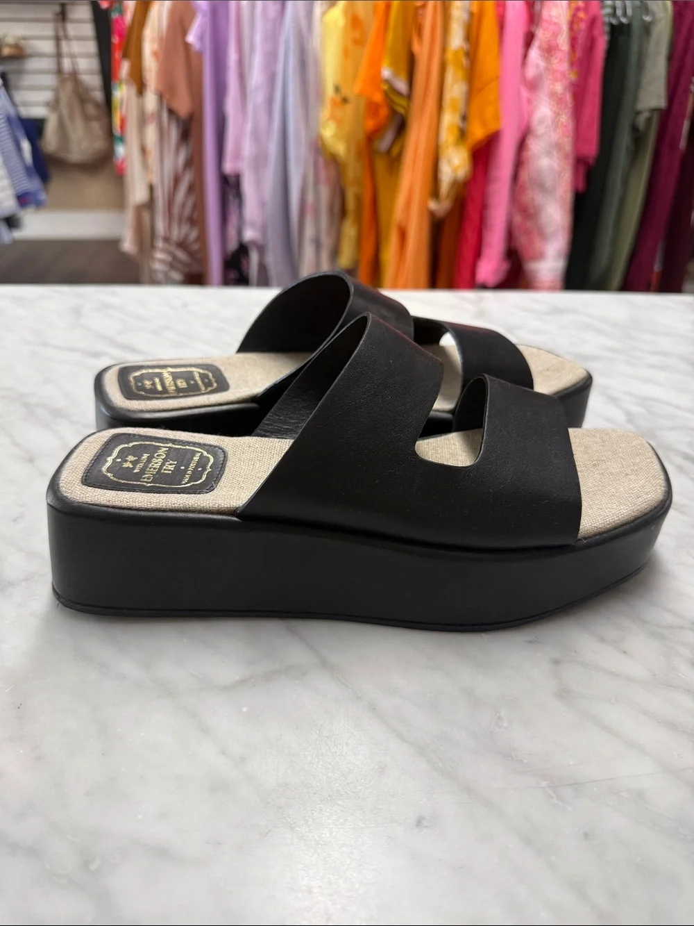 Emerson Fry Black Leather Platform Slides Size 9